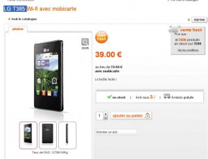 Mobile LG T385 Wifi à 39 euros port inclu en formule mobicarte prépayée .. en vente flash