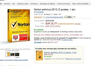 15.77 euros port inclu Norton Antivirus 2012 3 postes / 1 an