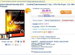 20.99 euros port inclu Norton Antivirus 2012 3 postes / 1 an