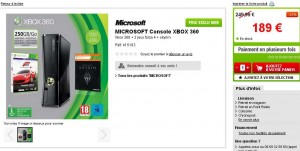 189 euros livraison incluse le pack xbox360 250go avec les jeux Forza 4 et Elder Skroll 5