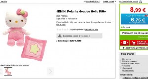 Peluche – Doudou Hello Kitty à 8.99 euros livraison incluse avec 2.24 euros de crédit sur la carte auchan