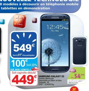 Samsung Galaxy S3 qui revient à 449 euros chez auchan jusqu’au 20 octobre
