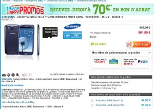 Samsung Galaxy S3 + carte micro sd 16go à 511 euros mais avec 70 euros de bons d’achats ..