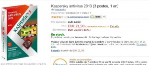 Antivirus Kaspersky 2013 3 postes / 1 an à 21.90 euros .. dernier jour