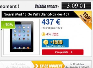 Nouvel Ipad 16go wifi à 446 euros mais avec 15 euros de bons d’achats plus eventuellement jusqu’à 20%… TERMINE