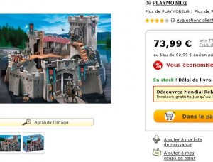 Le chateau playmobil à moins de 60 euros contre pres de 75 au mieux ailleurs