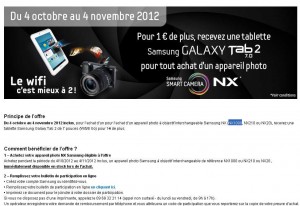Galaxy tab 2 à 1 euro pour l’achat d’un appareil photo samsung haut de gamme : 560 euros pour les deux