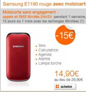 Samsung E1190 à 14.90 euros port inclu avec 5 euros de communications en formule prépayée sans engagement