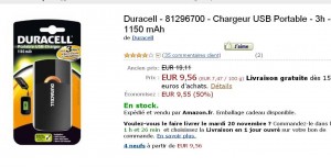 Chargeur usb portable duracell à moins 50% .. 9.56 euros le modele 1150 mah