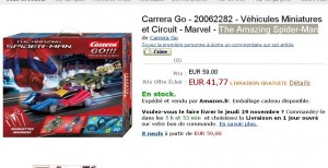 jouet : circuit de voiture carrera go spiderman à 41.77 euros contre autour de 60 normalement