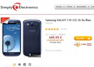 Samsung Galaxy S3 qui revient à 405 euros ( 449 – 45 de bons d’achats )