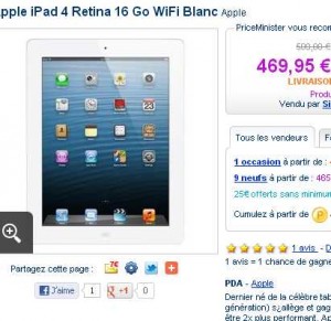 Ipad4 16go wifi qui revient à 376 € (469-20% de bon d’achats offerts) – TERMINE