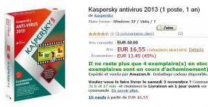 Antivirus Kaspersky 2013 à 16.55 euros port inclu