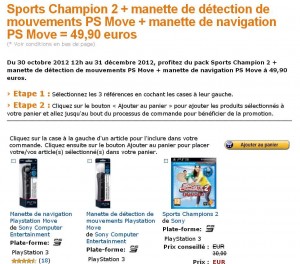 49.9 euros port inclu un pack pour ps3 avec manettes playstation move de navigation et de mouvement + le jeu Sport Champion2