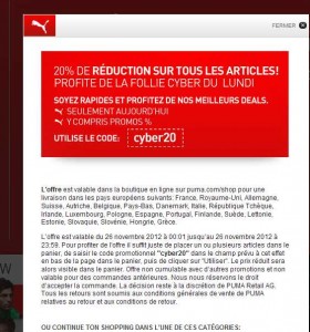 20% de remise sur toute la boutique en ligne puma .. uniquement le 26/11