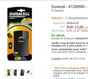 Chargeur portable duracell 1800mah à 15.88 euros (contre entre 25 – 35 ailleurs)