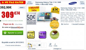 Galaxy Tab2 10pouces + carte micro sd 16go qui revient à moins de 260 euros