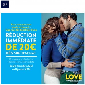 Magasins Gap : 20 euros de remise pour 50 d’achats jusqu’au 8 janvier 2013