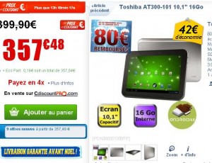 80 euros de remboursement sur la tablette Toshiba AT300 qui revient à moins de 280 euros