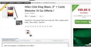 Smartphone Wiko Cink King 5 pouces avec carte mémoire 16go  à 199 euros