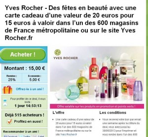 15 euros la carte cadeau yves rocher d’une valeur de  20 euros