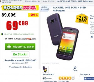 Smartphone Alcatel OT918D à 69.99 euros en solde
