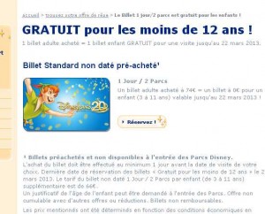 Disneyland Paris:  1 billet adulte acheté = 1 billet enfant gratuit
