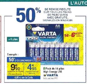 Moins de 5 euros les 20  piles alcalines varta chez carrefour jusqu’au 23 janvier
