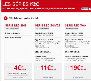 Forfaits Mobile Red Sfr : 11.99 euros le forfait illimité en voix France  et 40 destinations , sms mms illimités