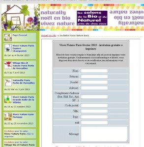 Invitation gratuite pour le salon Vivez Nature à Paris du 1 au 4 fevrier 2013