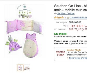 Kit naissance bebe : gigoteuse, tour de lit , doudou , mobile musical de la marque Sauthon à 88 euros