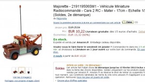 Voiture radiocommandée Cars2 Martin à 10 euros … encore dispo
