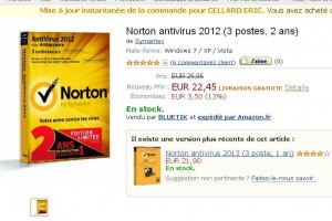 Norton Antivirus 3 postes / 2 ans à 22.40 euros port inclu