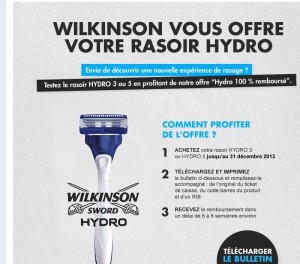 Rasoir Wilkinson Hydro 100% remboursé et donc gratuit ..