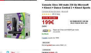 pack xbox360 250go + capteur kinect + 2 jeux à 199 euros