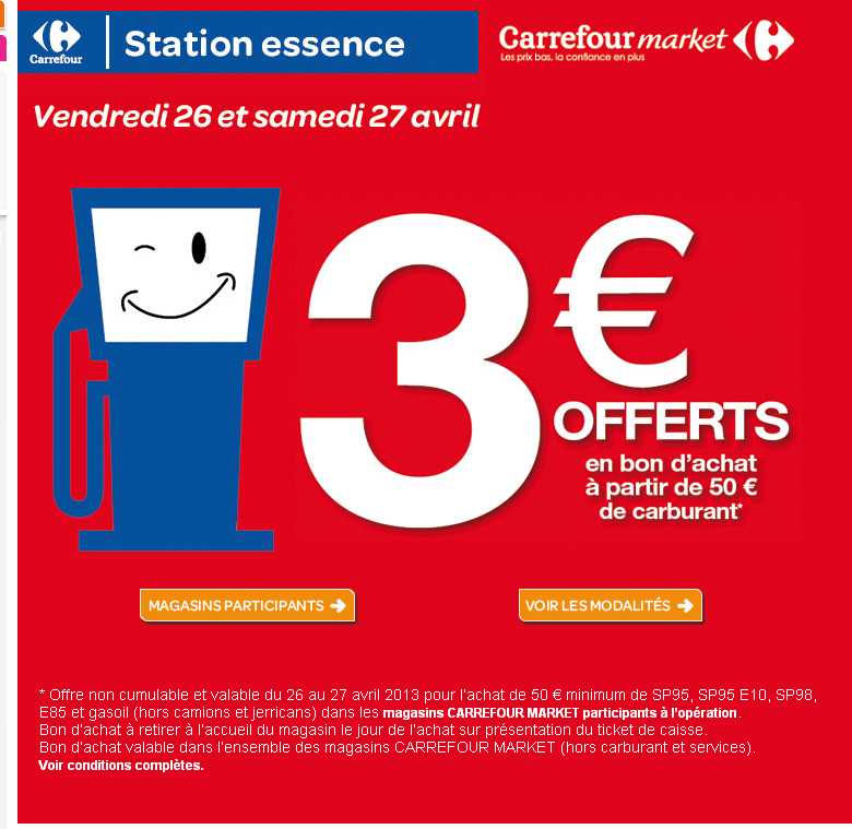 Carrefour market 3 euros de bon d'achat pour 50 euros de carburant