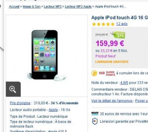 Ipod Touch IV 16go à moins de 160 euros