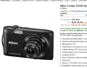 Appareil photos nikon coolpix s3300 16mpx zoomx6 à moins de 60 euros .. TERMINE