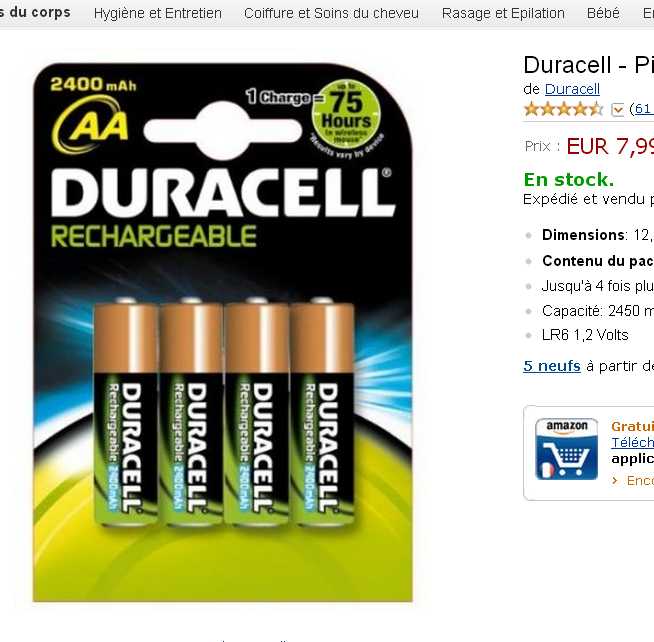 7.99 euros les 4 piles rechargeables duracell 2400mah AA
