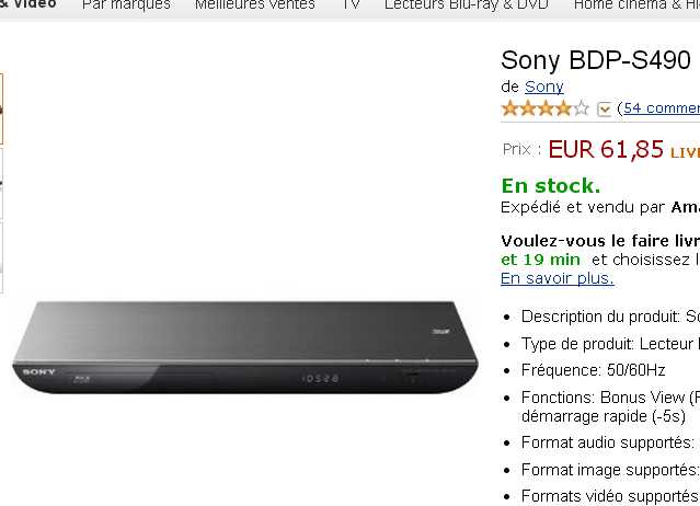 lecteur blu ray 3d Sony à 56 euros
