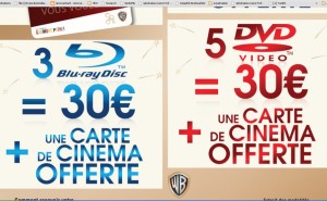 5 dvd pour 30 euros, 3 blu ray pour 30 euros avec en prime une carte donnant droit à deux places de cinéma pour le prix d’une