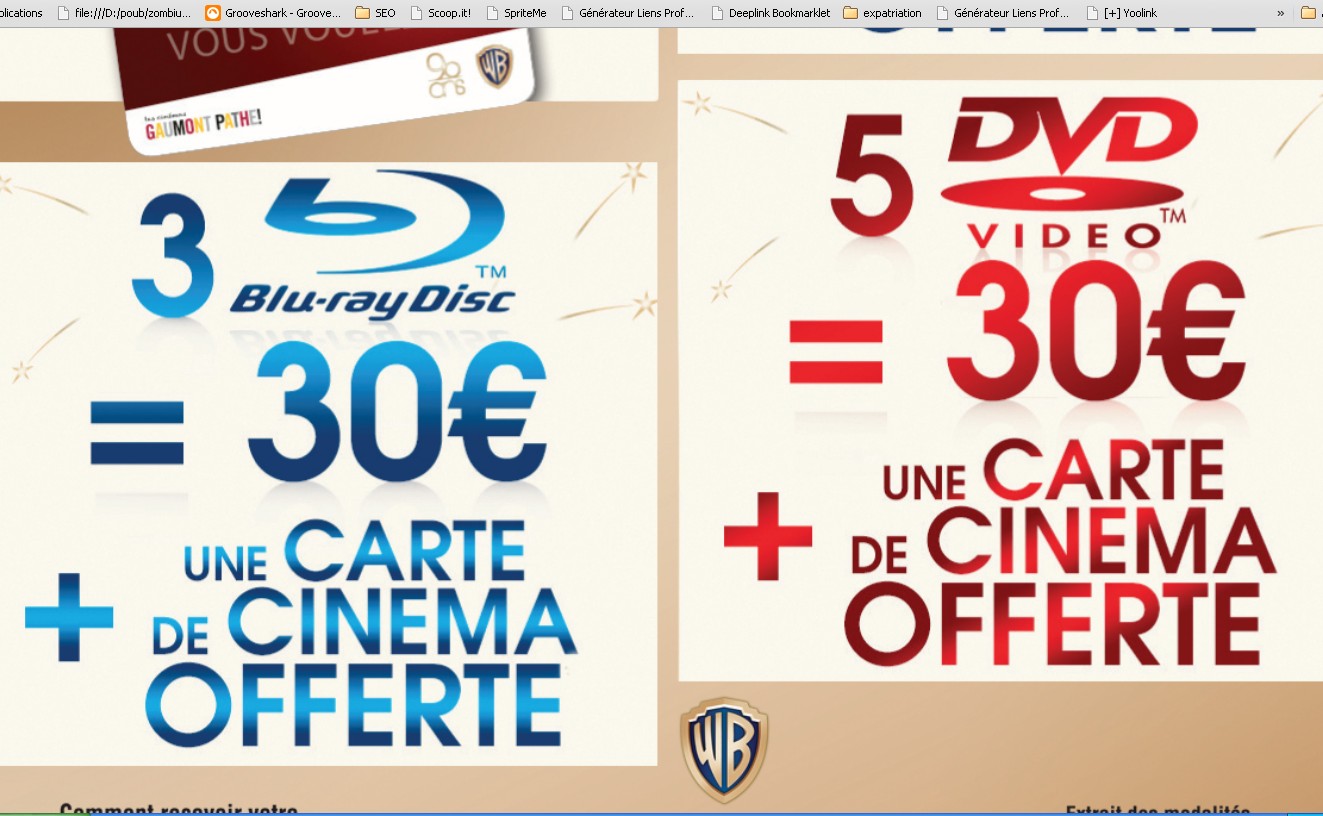 5 dvd pour 30 euros, 3 blu ray pour 30 et une carte donnant droit à