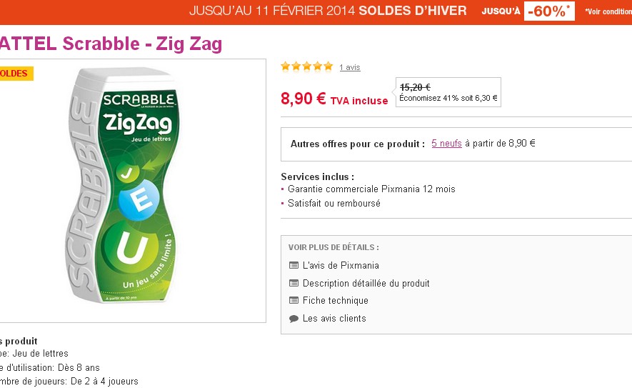 Jeu scrabble zigzag à 8.9 euros contre le double ailleurs