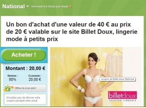 offre lingerie : 20 euros le bon de 40 à utiliser sur le site billetdoux