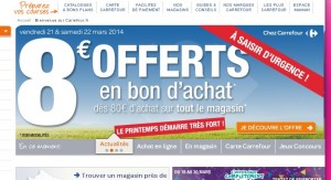 Carrefour : 8 euros de bons d’achats offerts pour 80 euros de course les 21 – 22 mars