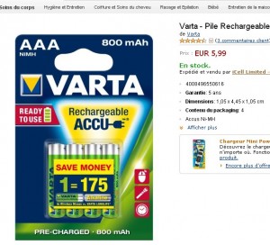 Bon plan piles rechargeables : moins de 6 euros les 4 piles AAA 800mah varta .. toujours dispo