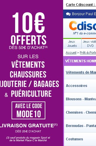 Cdiscount : 10 euros de remise pour 50 d’achats en vétements , chaussures, bagages ..