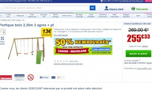 Bon plan portique bois trigano :  127 euros ( 255 euros mais avec 50% de remboursé en bon d’achat .. dernier jour 10 avril