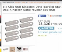 28.32 euros les 8 clés usb 8 go kingston