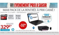 Pack pc portable + imprimante + souris qui revient à 329 euros